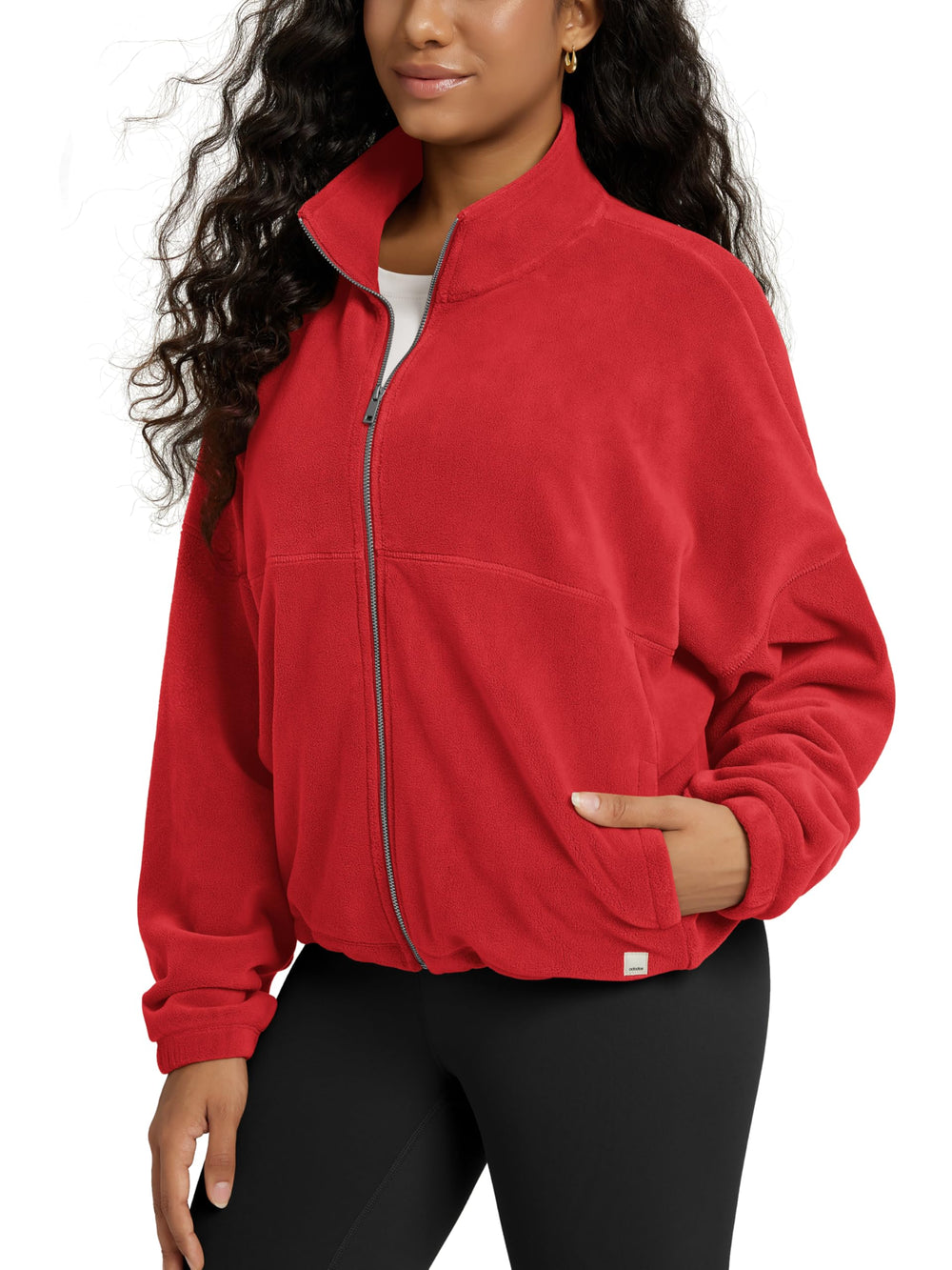 ODODOS women's polar fleece jacket red front view shows cozy warmth and full-zip