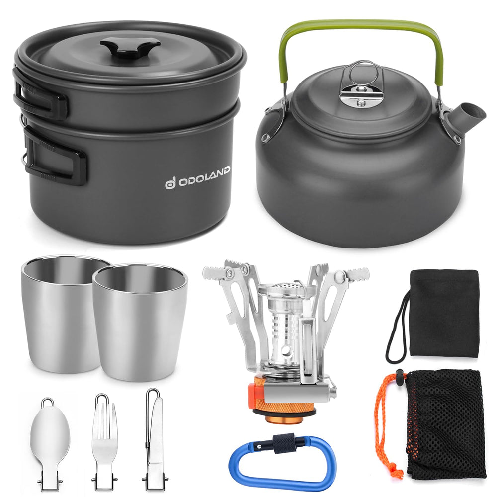 Odoland 12pcs camping cookware kit with stove – compact setup for backpacking meals.