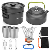 Odoland 12pcs camping cookware kit with stove – compact setup for backpacking meals.