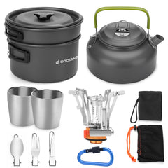 Odoland 12pcs camping cookware kit with stove – compact setup for backpacking meals.