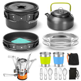 Odoland 16pc camping cookware set with folding stove, compact packing for backpacking meals