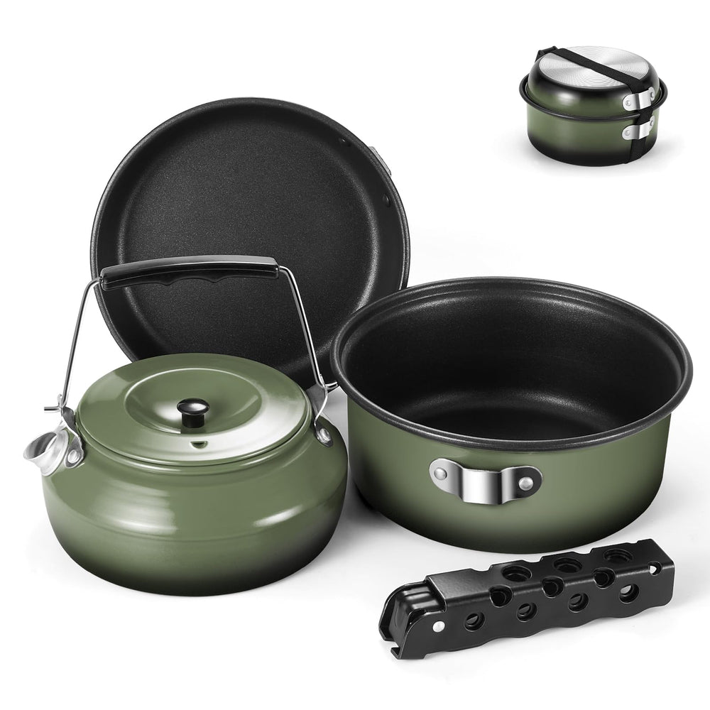 Odoland 5pcs camping cookware set assembled in green, ideal for backpacking meals.