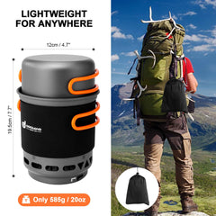 Odoland backpacking stove integrated system for quick meals during hikes.