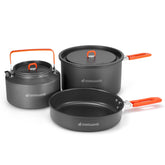 Odoland camping cookware pot lid with heat-resistant handle for easy straining on trails.