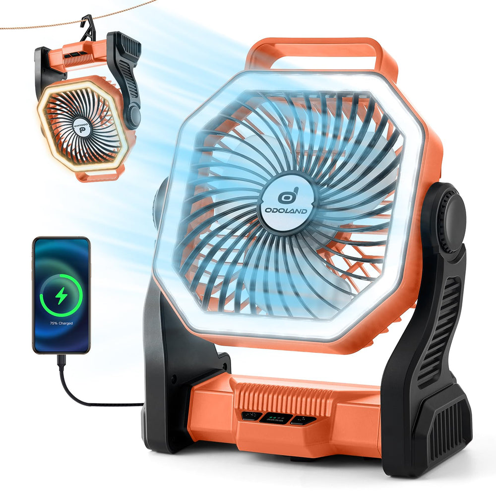 Odoland camping fan in use delivering cooling airflow on a campsite.