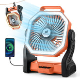 Odoland camping fan in use delivering cooling airflow on a campsite.