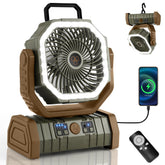 Odoland camping fan with LED lantern provides bright, long-lasting light for night camping.
