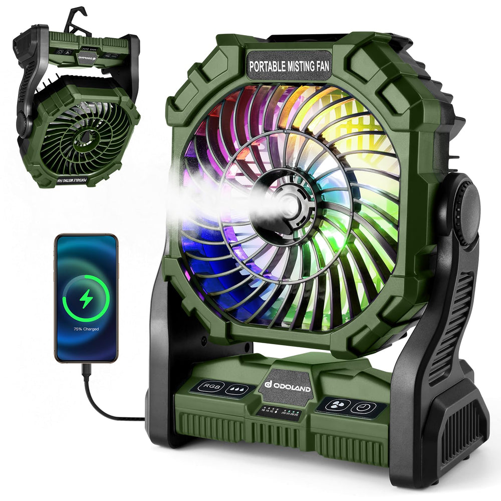 Odoland portable camping fan with LED lantern for on-the-go cooling and light.