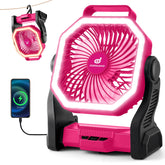 Odoland rechargeable camping fan pink front view offers portable cooling for outdoor use.