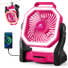 Odoland rechargeable camping fan pink front view offers portable cooling for outdoor use.