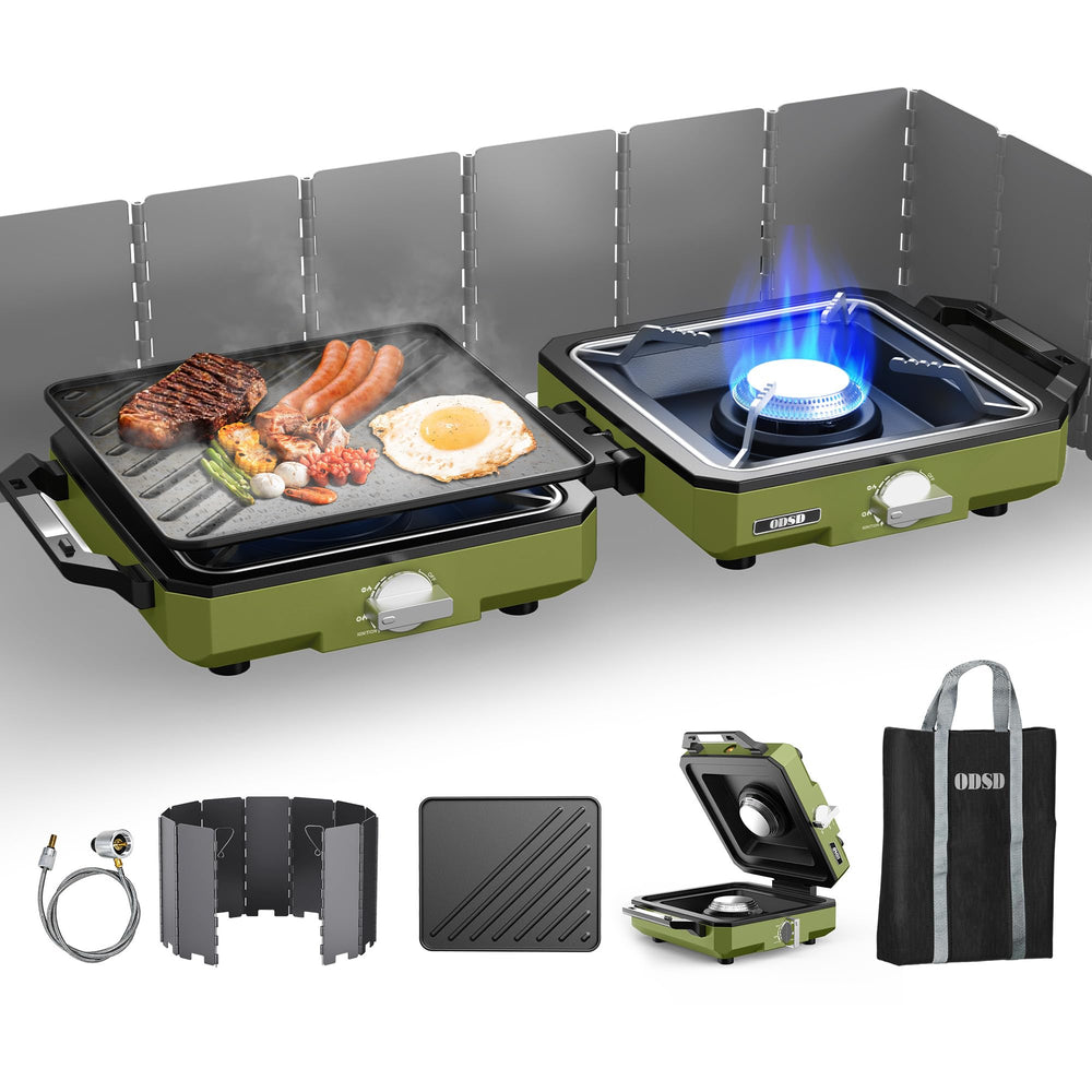 ODSD two-burner camping stove with windshield for stable outdoor cooking