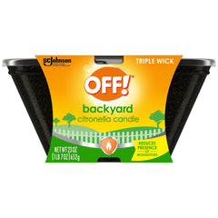 OFF! backyard citronella candle on table enhances ambiance and may deter pests.