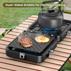 OGERY spacious cooking surface for two 10-inch pans during camping.