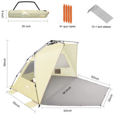 Oileus XX-Large pop-up beach tent awning provides extra shade during peak sun.