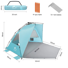 Oileus XX-Large pop-up tent stability with stakes for windy seaside days.