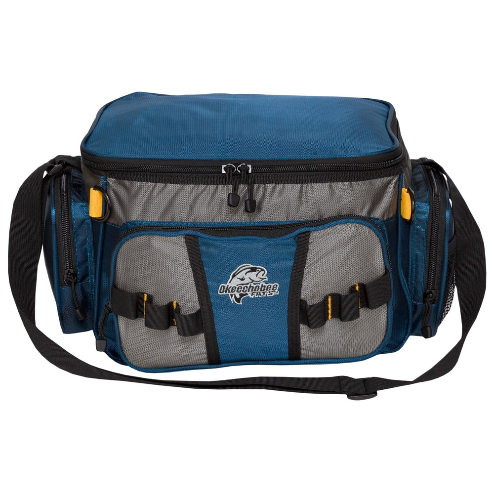 Okeechobee Fats Small Soft-Sided Tackle Bag in Deepwater Blue with open main compartment