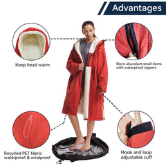 Oksun Swim Poncho red sherpa lining highlights cozy warmth after swimming.