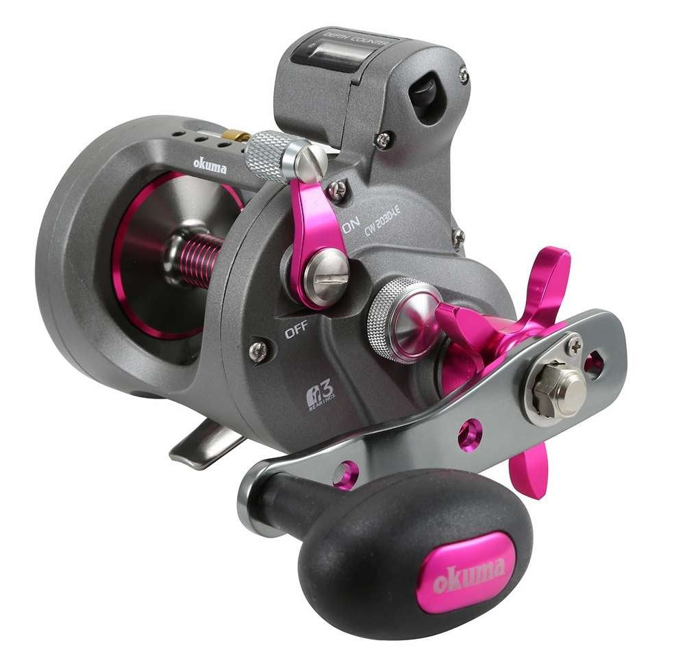 OKUMA 203DLX left-handed pink line counter reel for accurate depth reading in cold-water trips