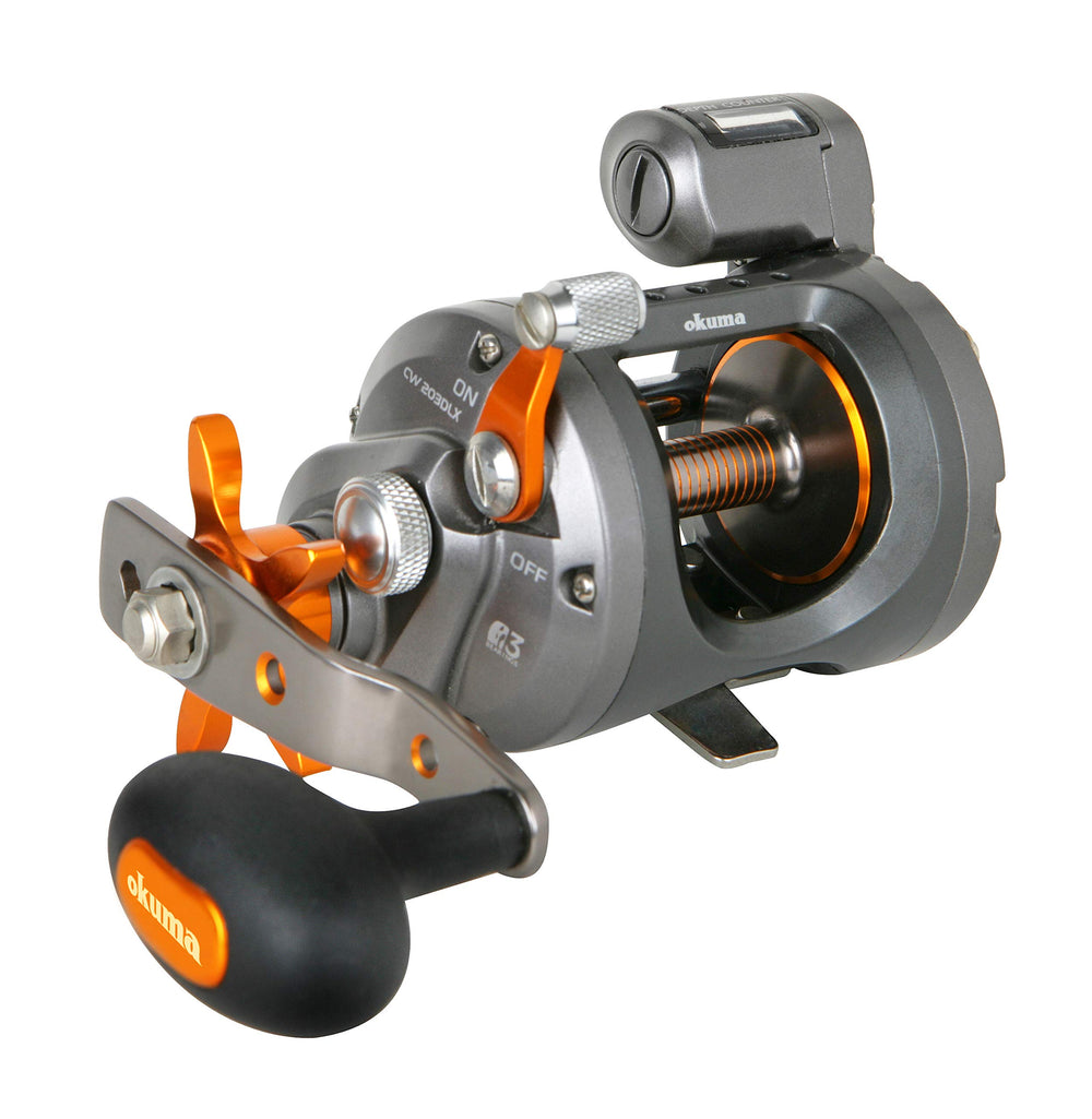Okuma CW-203DLX front view shows rugged build for cold water trolling