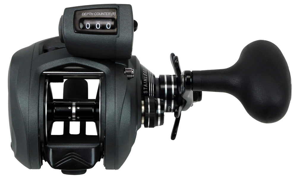 Okuma Coldwater SS low-profile reel front view highlights durable gears for tough retrieves.