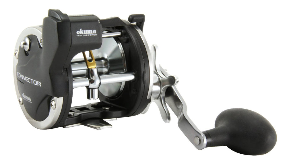 Okuma CV-15D Convector reel side view showing rugged gear and aluminum spool for saltwater angling