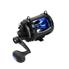 Okuma Solterra SLX two-speed mechanism shown for versatile saltwater jigging and trolling.