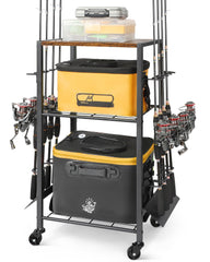 Olakee 8-rod fishing rod holder rack with wheels in a garage