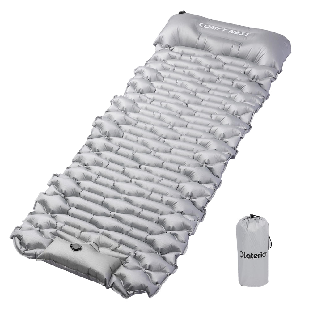 Olaterior camping sleeping pad inflated with pillow provides all-night back support on uneven ground.