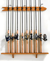 Old Cedar Outfitters modular wall rack with eight-rod storage in pine finish, keeping gear organized.