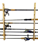 Old Cedar Outfitters solid pine rod rack wall-mounted demonstrates space-saving wall storage for fishing gear.