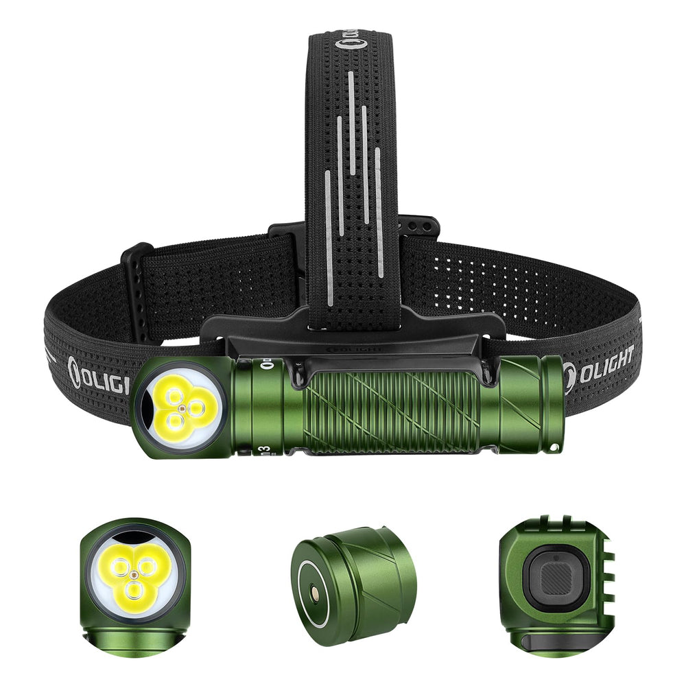 OLIGHT Perun 3 headlamp front view showing bright wide beam for outdoor use