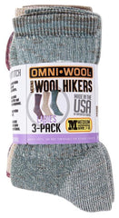 Omni-Wool Merino Hiker Ladies 3-Pack shown on foot with moisture-wicking comfort.