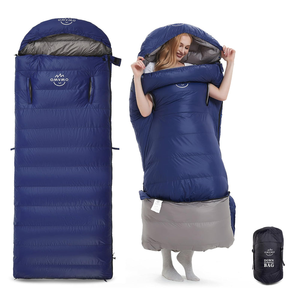 OMVMO 20 Degrees Down Sleeping Bag chest pockets for quick phone access during camping
