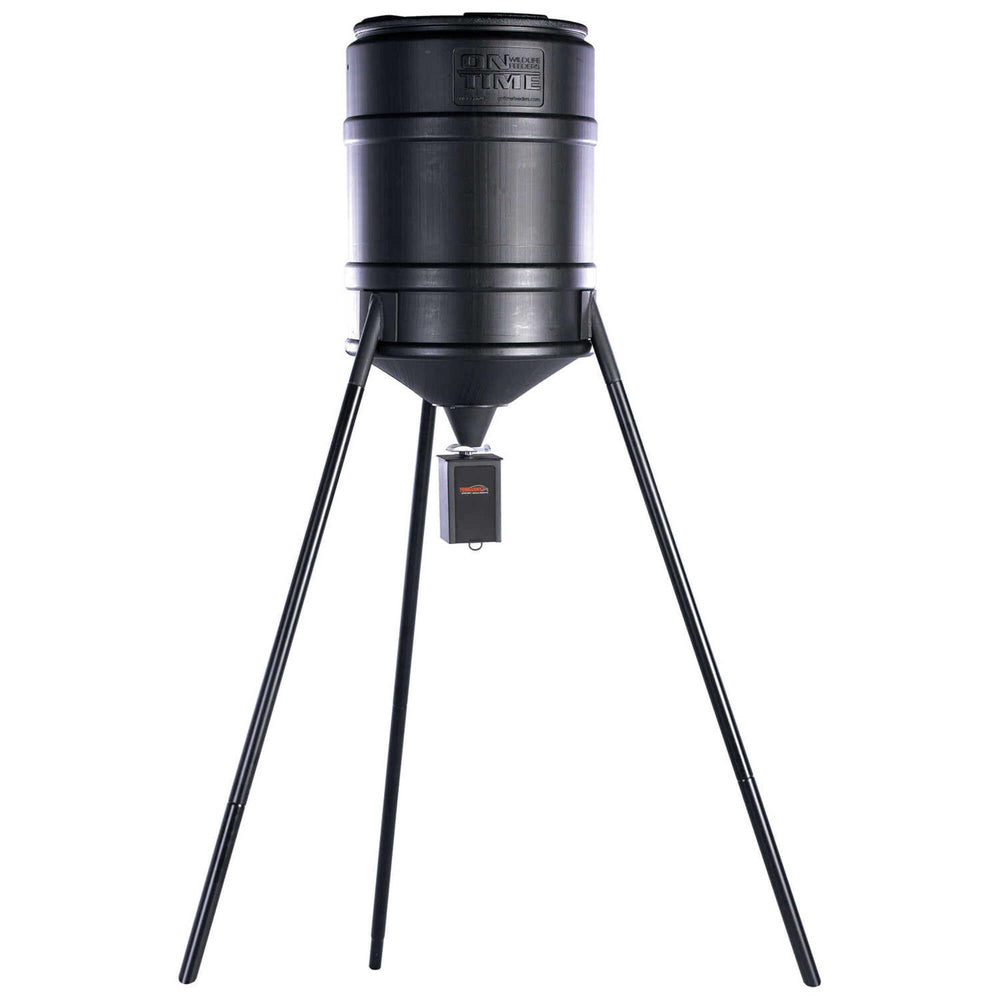 On Time Tomahawk VL Feeder on a sturdy tripod, 25-gallon capacity for outdoor use.