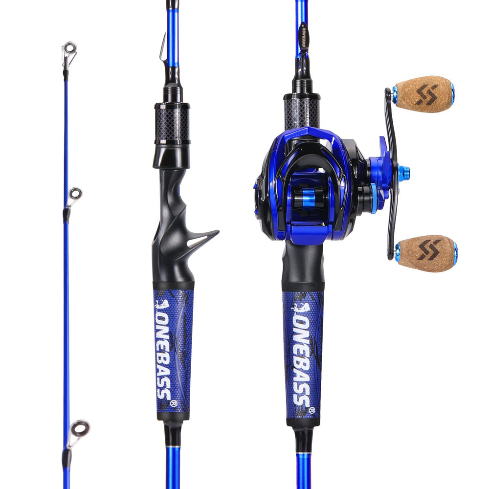 One Bass rod-reel combo in blue 6ft casting with right-handed reel for precise casting.