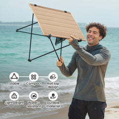 ONETIGRIS CampMate table with side mesh pockets for phone and power bank storage.