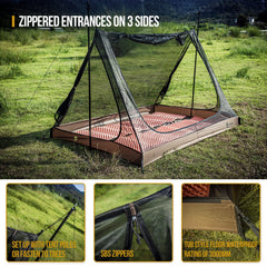 OneTigris 2-person mesh tent dimensions illustration with generous space for gear