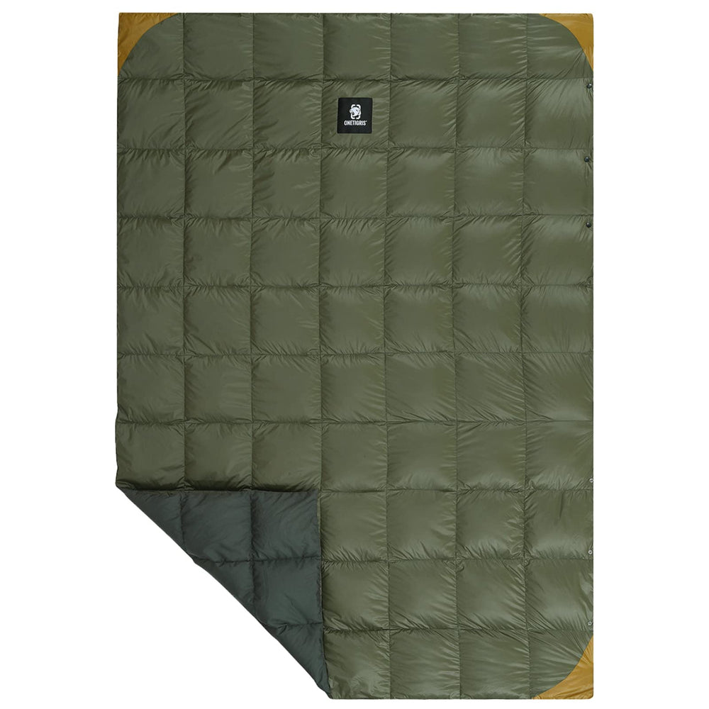 OneTigris down camping blanket folded in its compact stuff sack for easy carry.