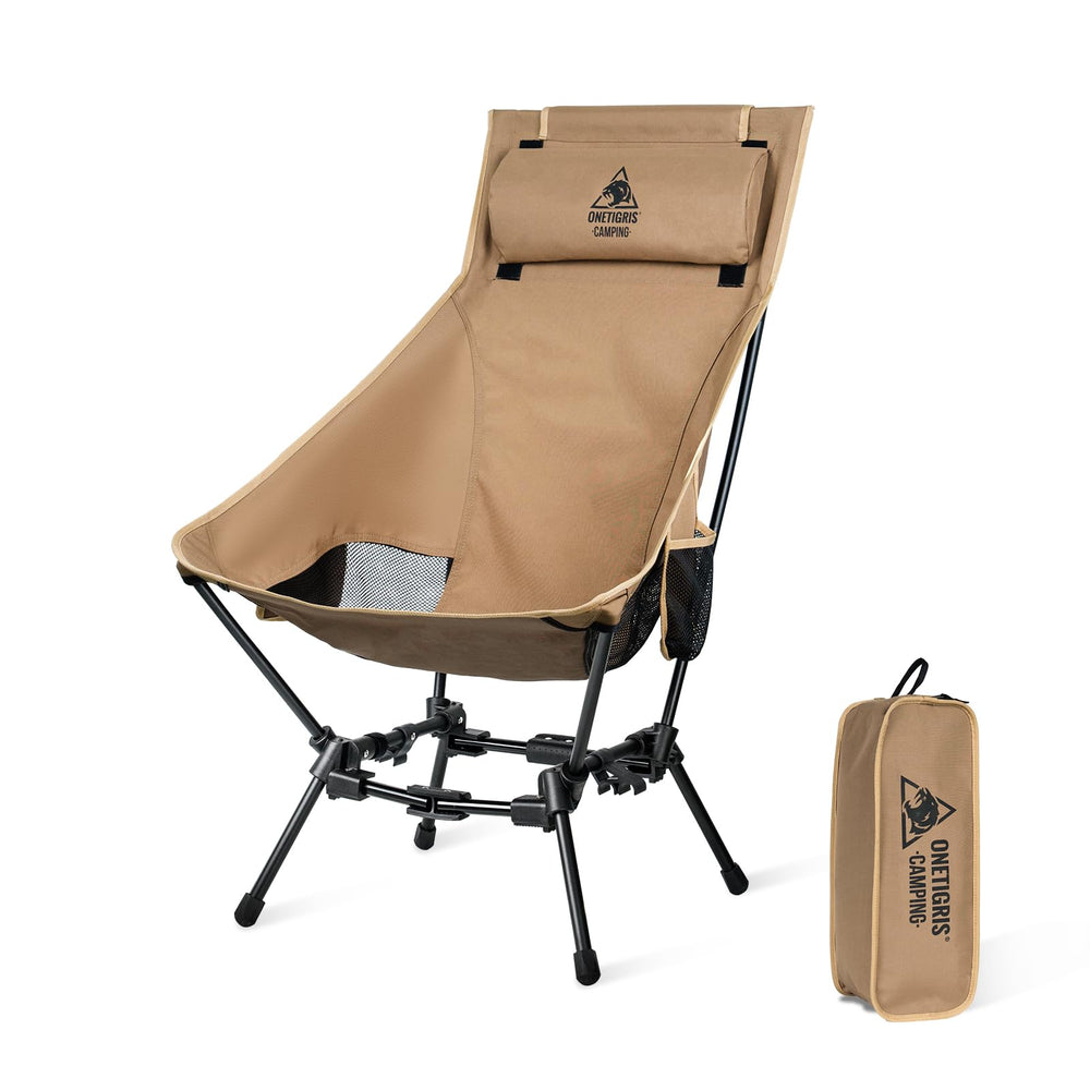 OneTigris Dragonhide chair front view with pillow offers comfortable camping seating.