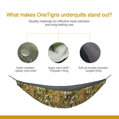 OneTigris Hideout Underquilt dimensions demonstrate full hammock coverage