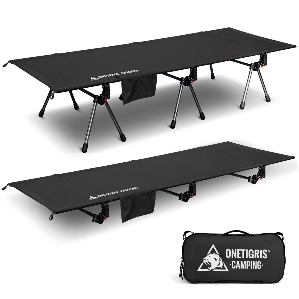 ONETIGRIS SUPRANUBIS camping cot ready for setup with stable aluminum frame for comfortable sleeping.