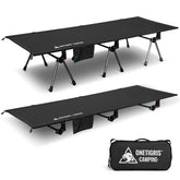 ONETIGRIS SUPRANUBIS camping cot ready for setup with stable aluminum frame for comfortable sleeping.