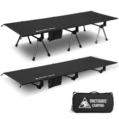 ONETIGRIS SUPRANUBIS camping cot ready for setup with stable aluminum frame for comfortable sleeping.
