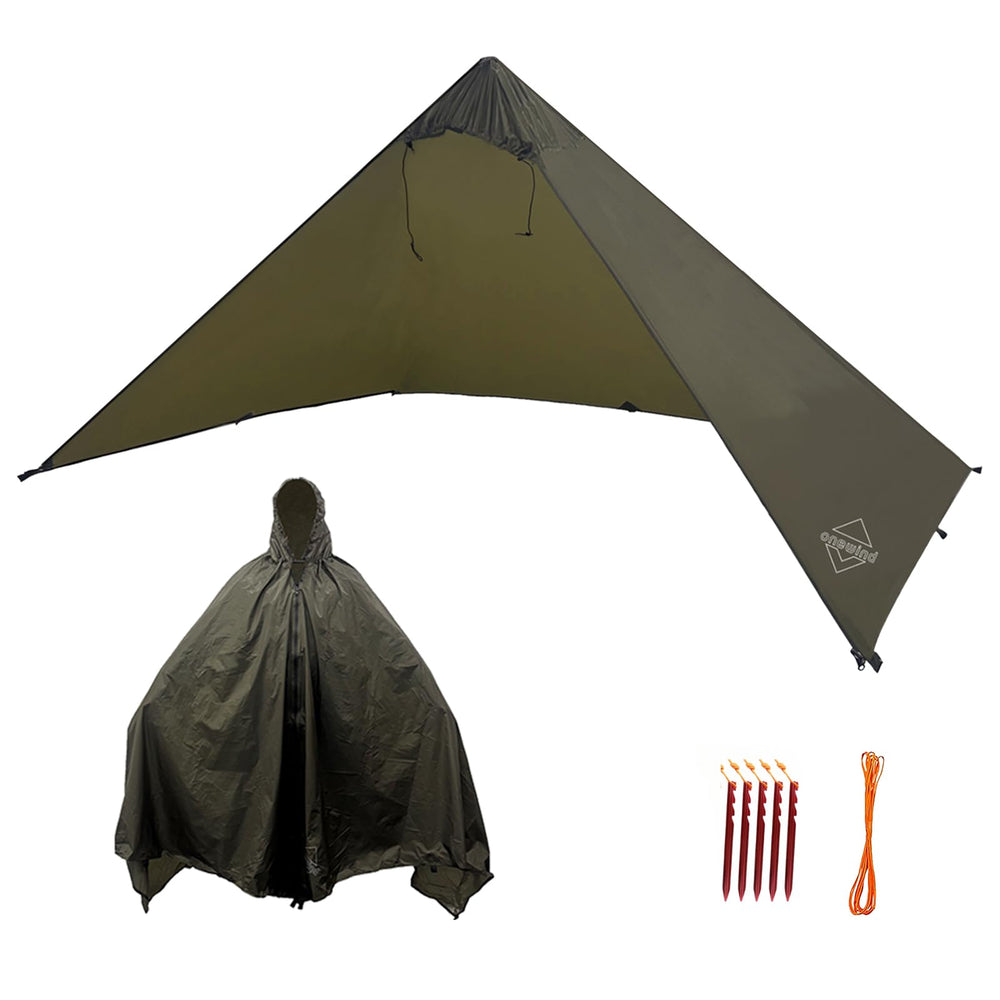 Onewind lightweight bushcraft poncho shelter shown in compact form for solo camping
