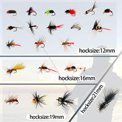 Open waterproof fly box displaying 100 assorted flies