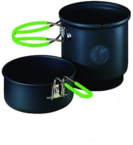 Optimus Terra Weekend HE cook set assembled for camping, compact and durable.