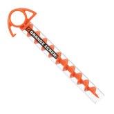 Orange Screw ground anchor showing 9-1/2 inch length for secure camping.