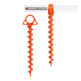 Orange Screw ground anchors in a large pack secure tents and canopies on windy days.