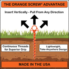 Orange Screw ground anchor for sandy soils securing canopies and shade shelters.