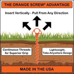 Orange Screw ground anchor installed on a tent for quick stability.